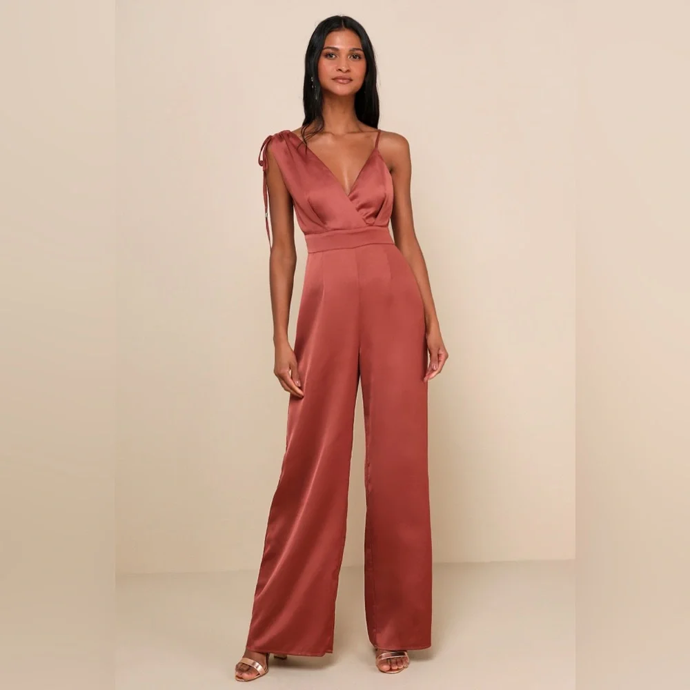 Lulu’s Look of Luxe Rusty Rose Satin Asymmetrical Wide-Leg Jumpsuit - Si… - Picture 1 of 10